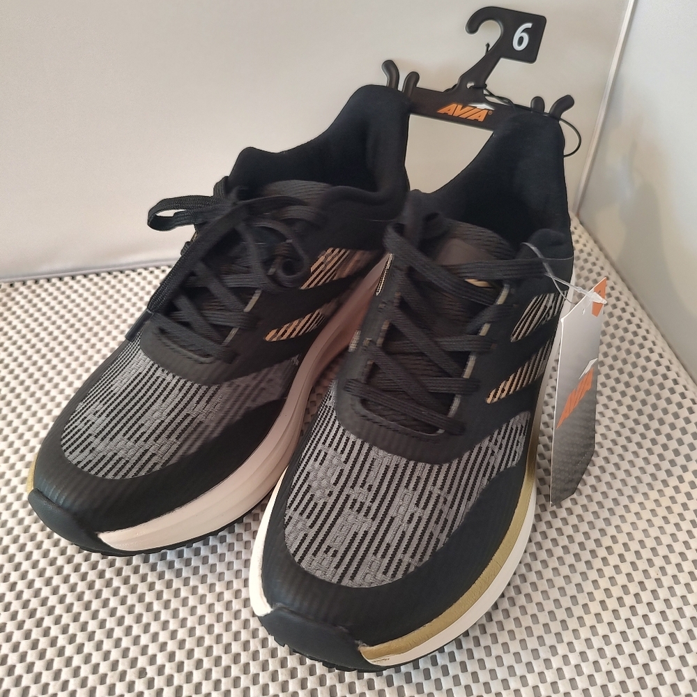 Avia Women's Size 6 Mesh Gel Trail Sneaker Black/Gold/White NWT